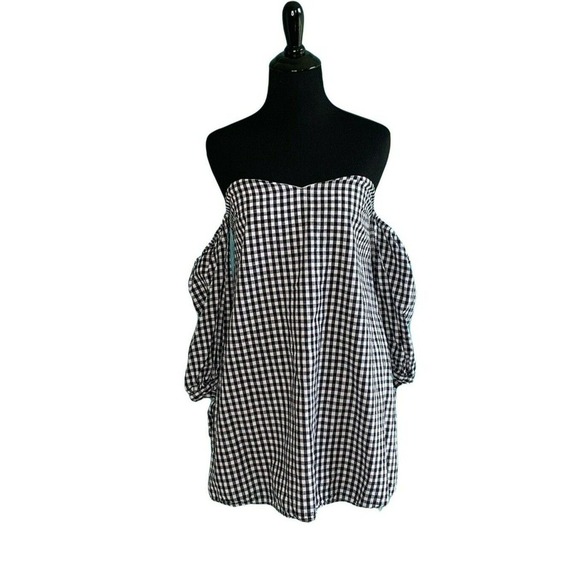 Honey Belle Black White Gingham Print Off Shoulders Top Blouse Size M - Picture 1 of 8